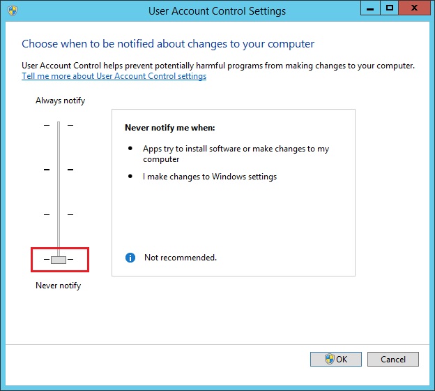 uac را در پایین ترین سطح خود قرار دهید